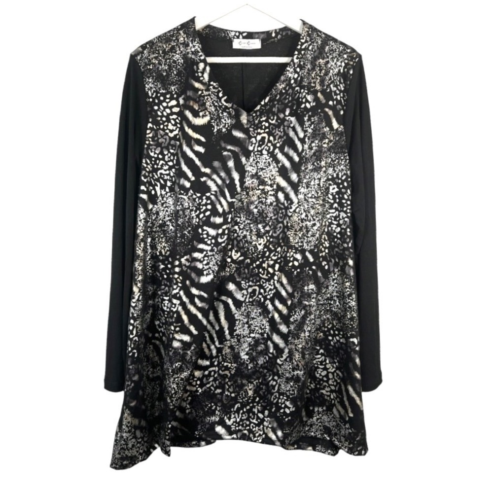 VTG Cover Charge Tunic Top BLACK w/SILVER ANIMAL PRINT KNIT Chiffon Sleeves SZ S